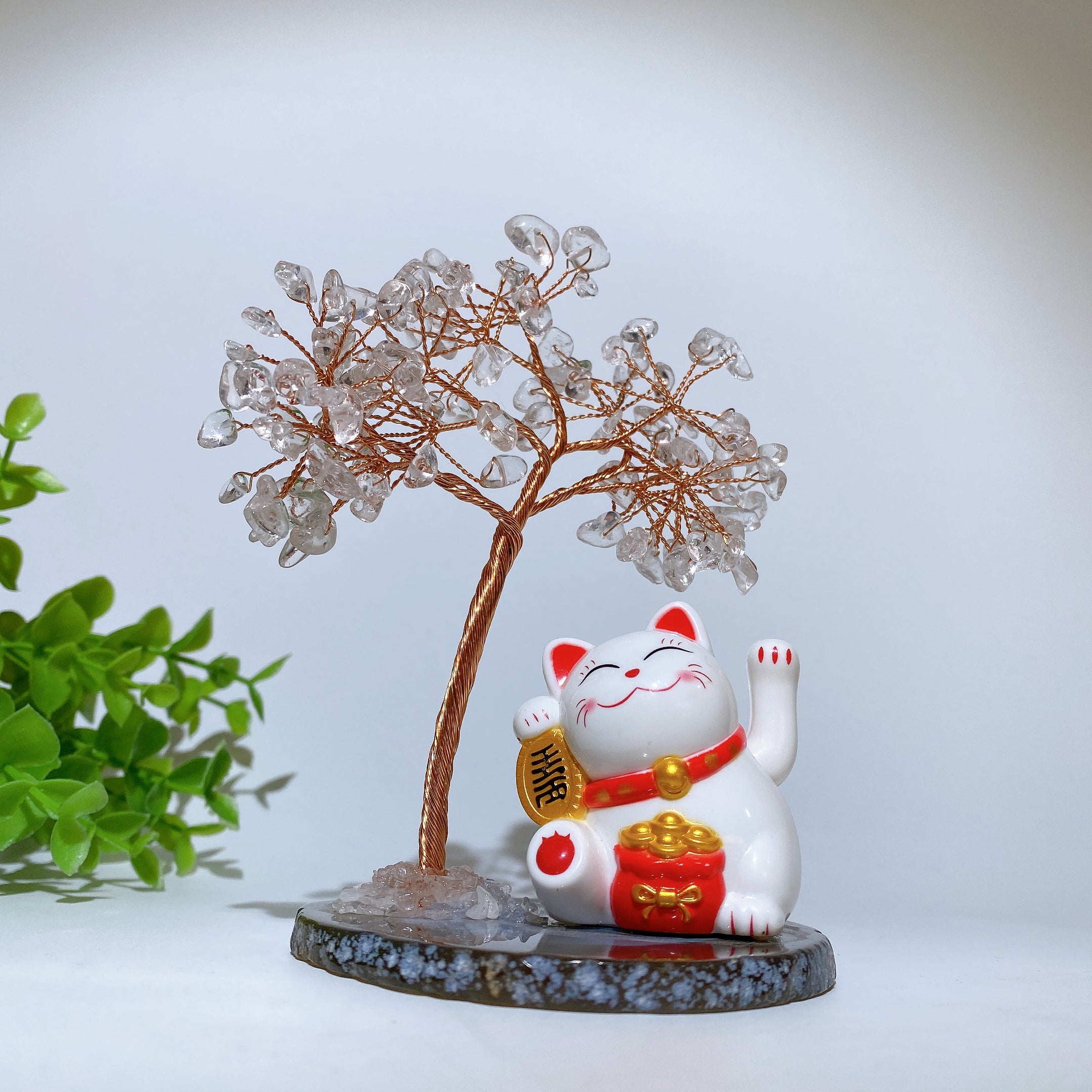 12cm Crystal Chips Fortune Tree with Maneki-neko