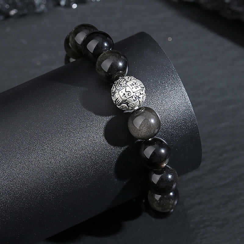 12 mm schwarzes Obsidian-Fu-Charakter-Armband
