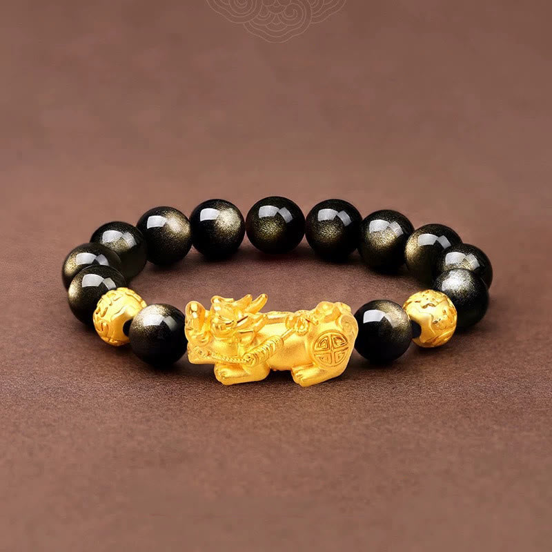 12 mm Goldglanz-Obsidian-Pixiu-Armband „Om Mani Padme Hum“ für Reichtum