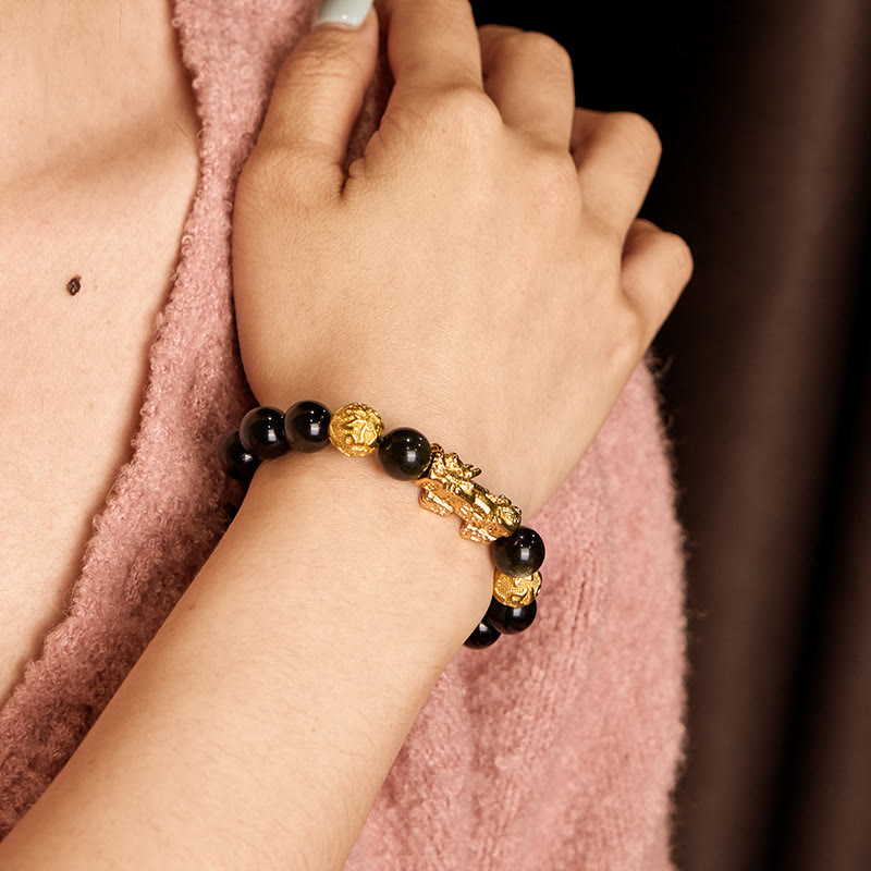 12 mm Goldglanz-Obsidian-Pixiu-Armband „Om Mani Padme Hum“ für Reichtum