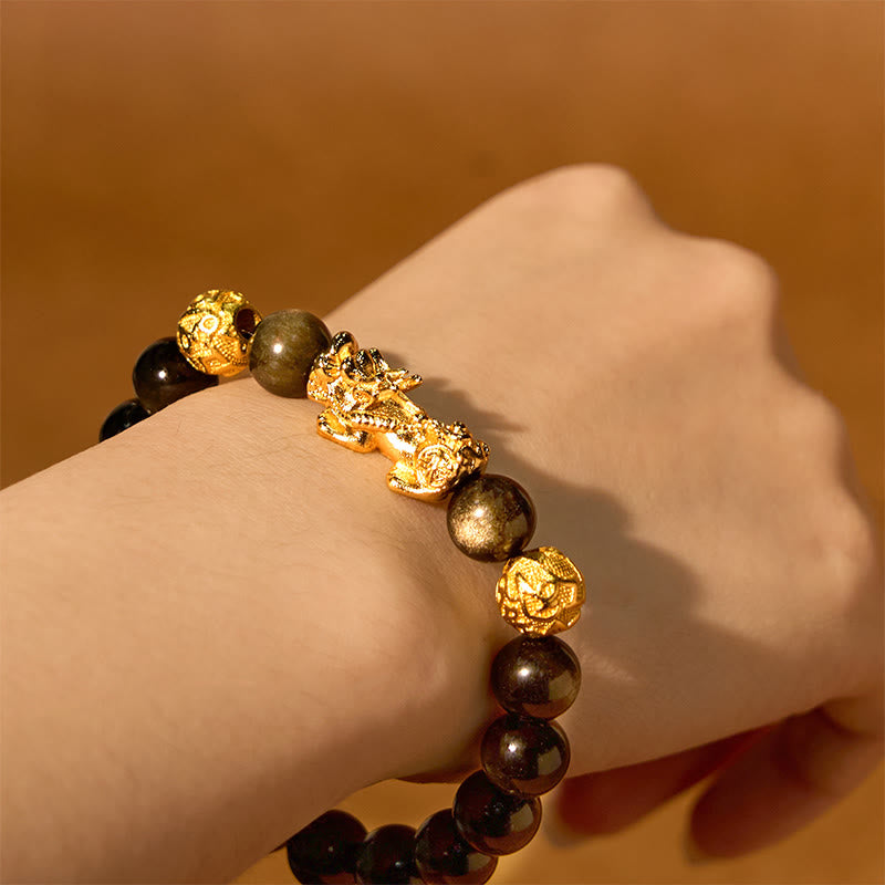 12 mm Goldglanz-Obsidian-Pixiu-Armband „Om Mani Padme Hum“ für Reichtum