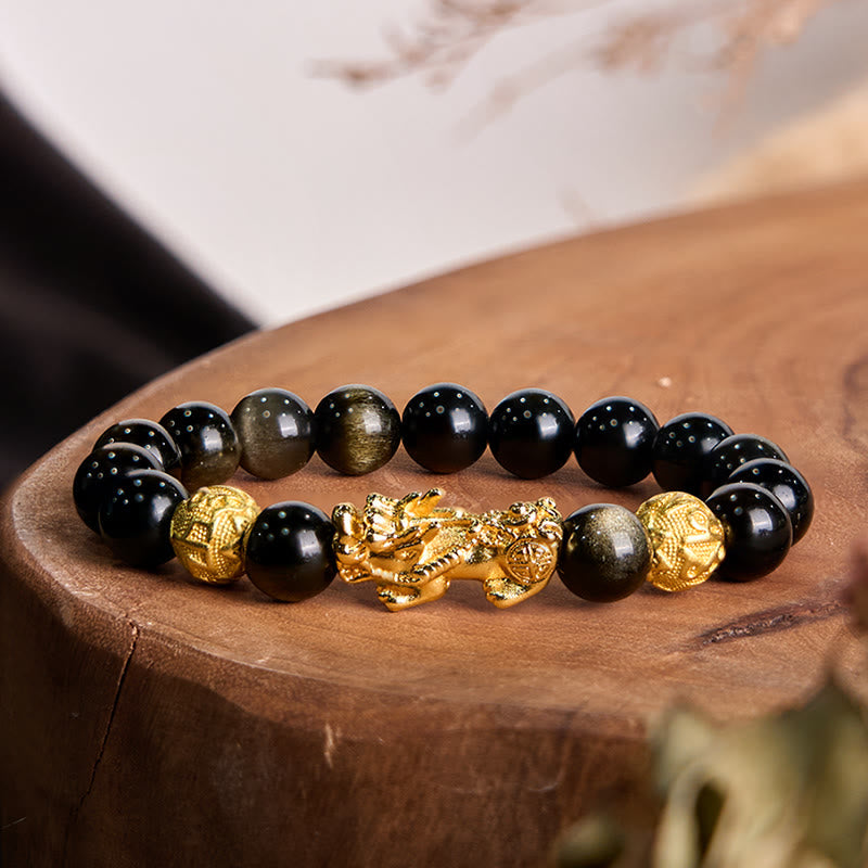 12 mm Goldglanz-Obsidian-Pixiu-Armband „Om Mani Padme Hum“ für Reichtum