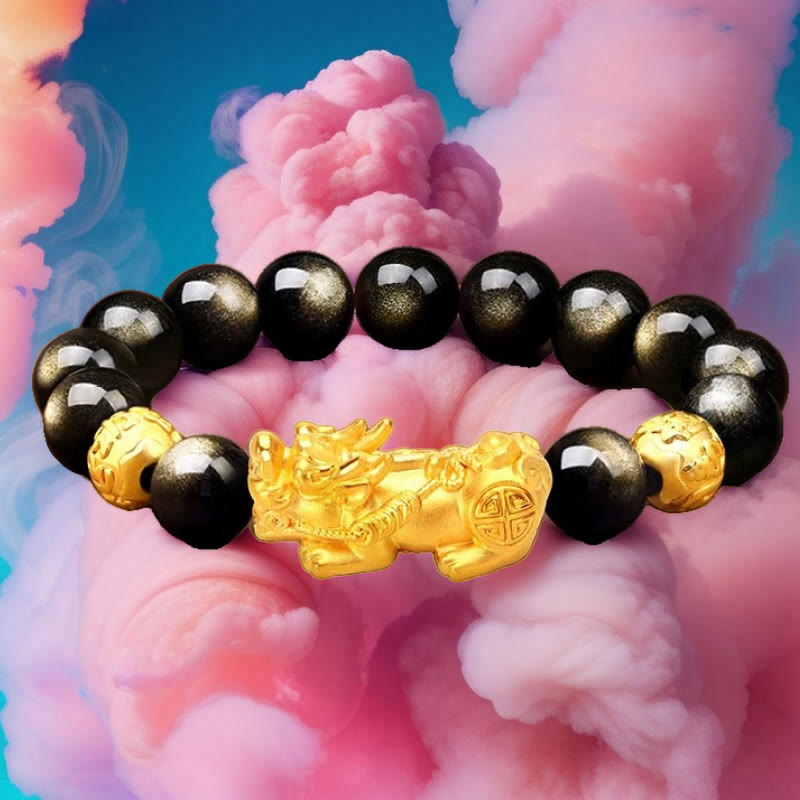 12 mm Goldglanz-Obsidian-Pixiu-Armband „Om Mani Padme Hum“ für Reichtum