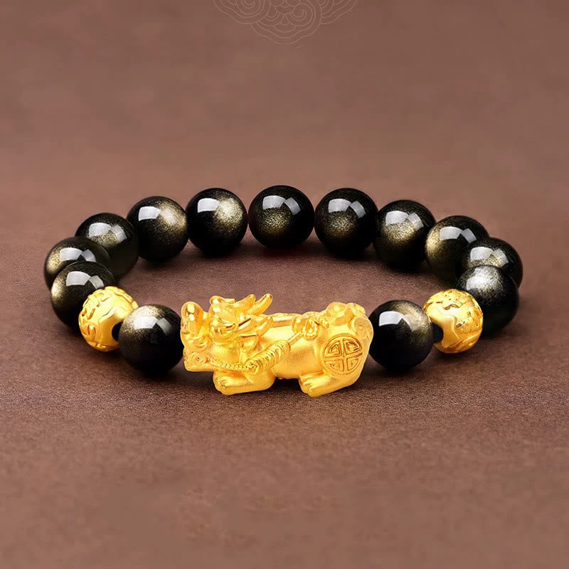 12 mm Goldglanz-Obsidian-Pixiu-Armband „Om Mani Padme Hum“ für Reichtum