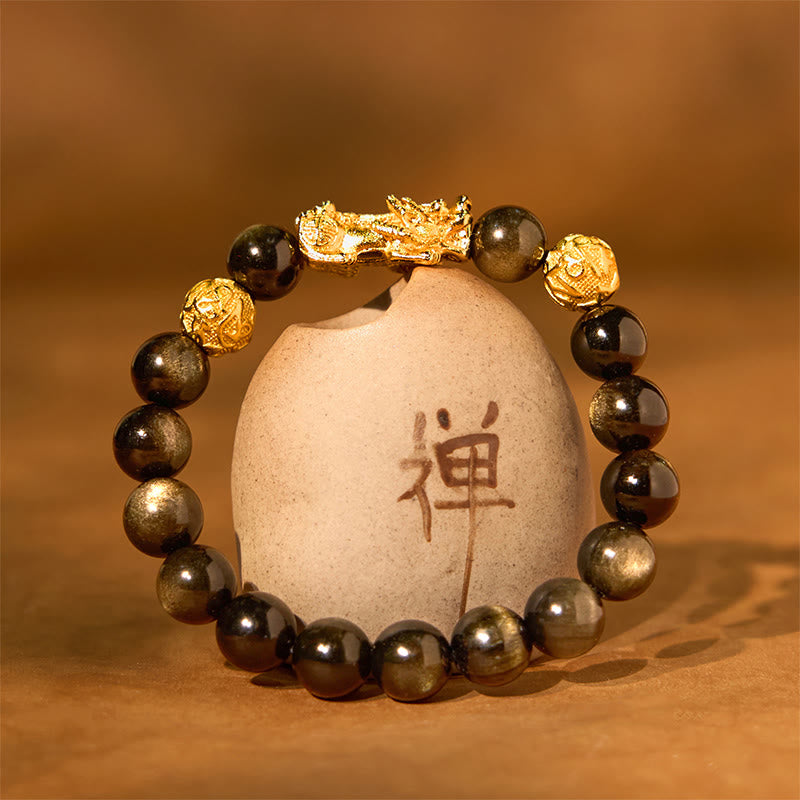 12 mm Goldglanz-Obsidian-Pixiu-Armband „Om Mani Padme Hum“ für Reichtum