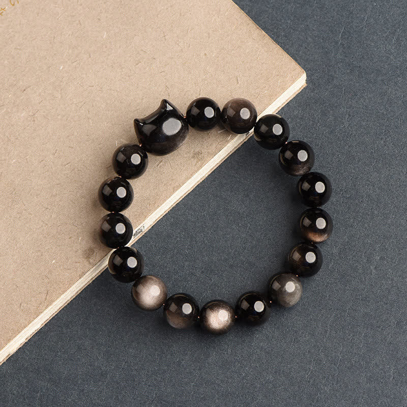 Gold Sheen Obsidian Bracelet with Lucky Cat Paw Charm for Protection