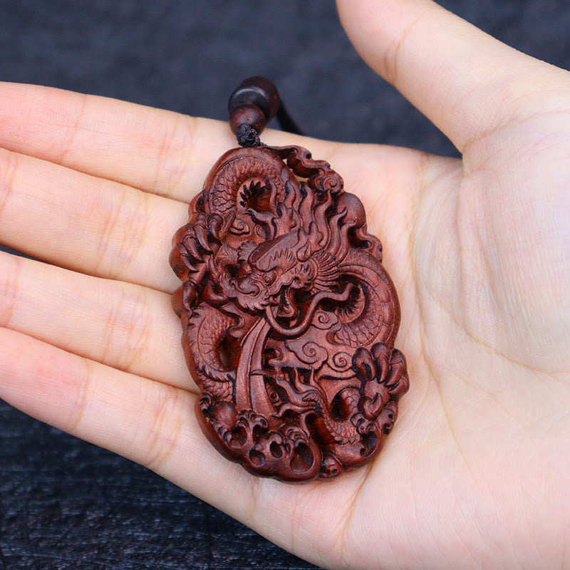 Lightning Struck Jujube Wood Double Dragon Protection Pendant
