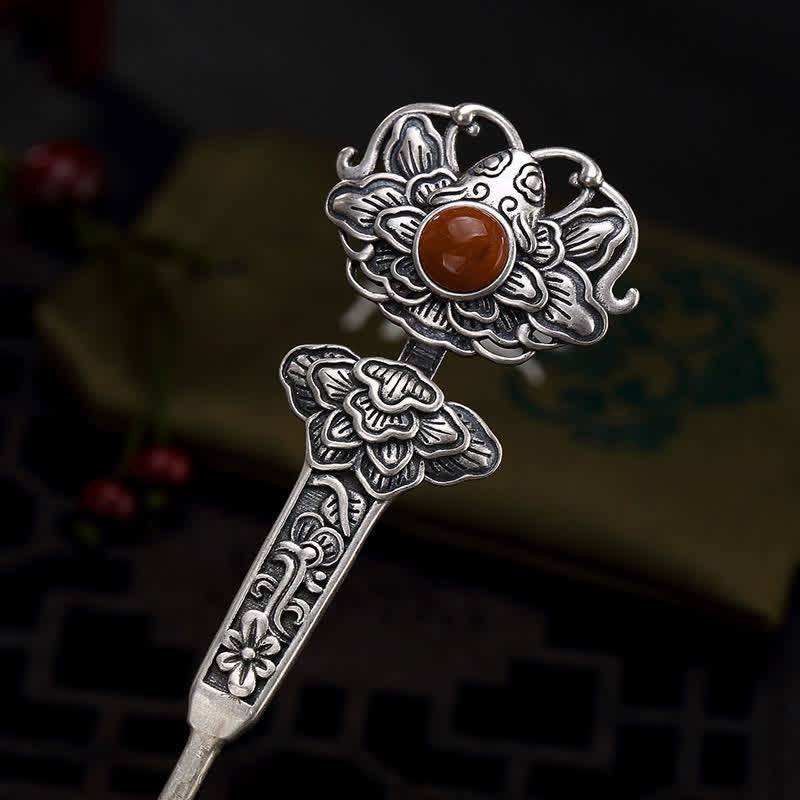 Red Agate Peony Flower Hairpin | Confidence & Calm 13.4cm