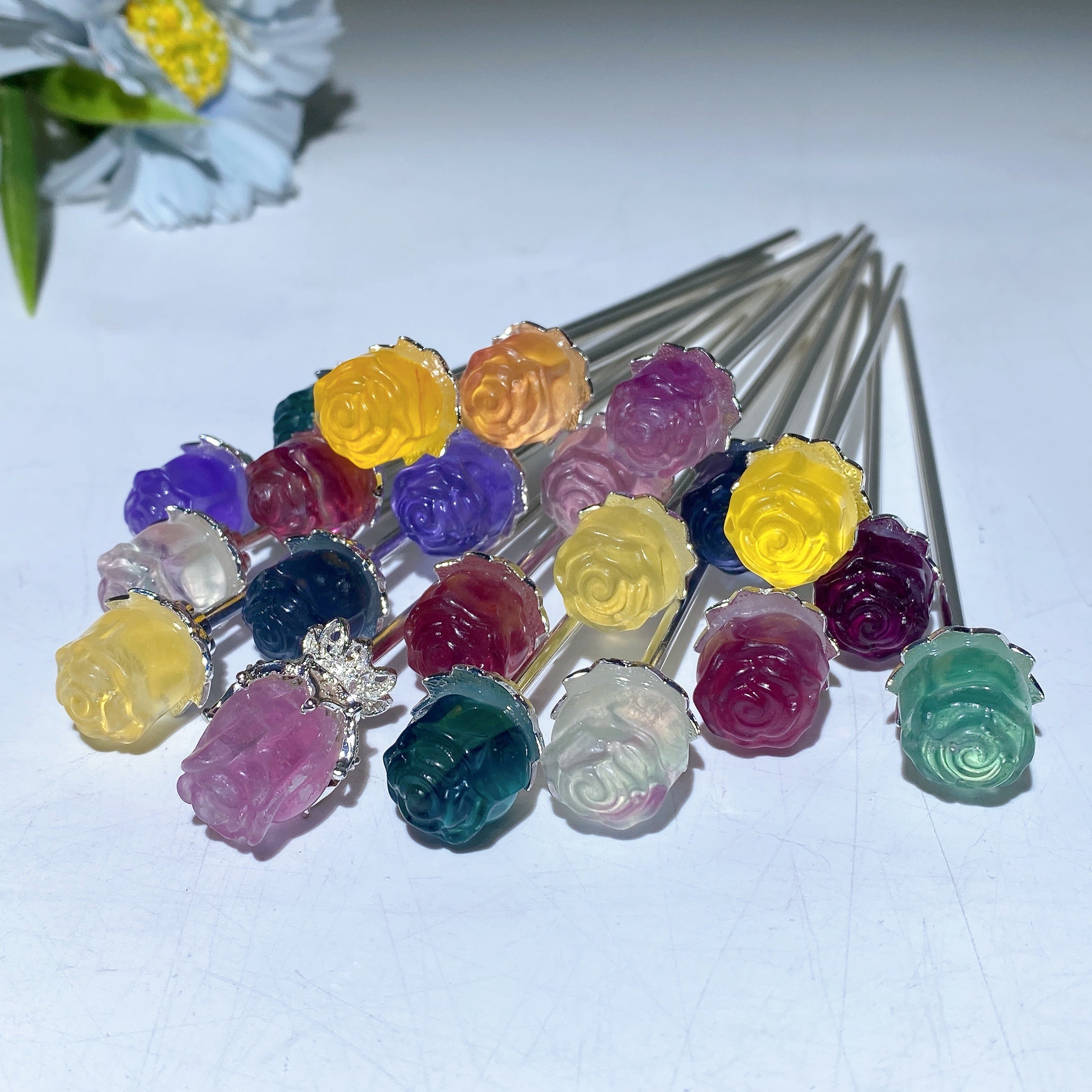 13cm Fluorite Rose Flower Hair Pin for Chakra Healing