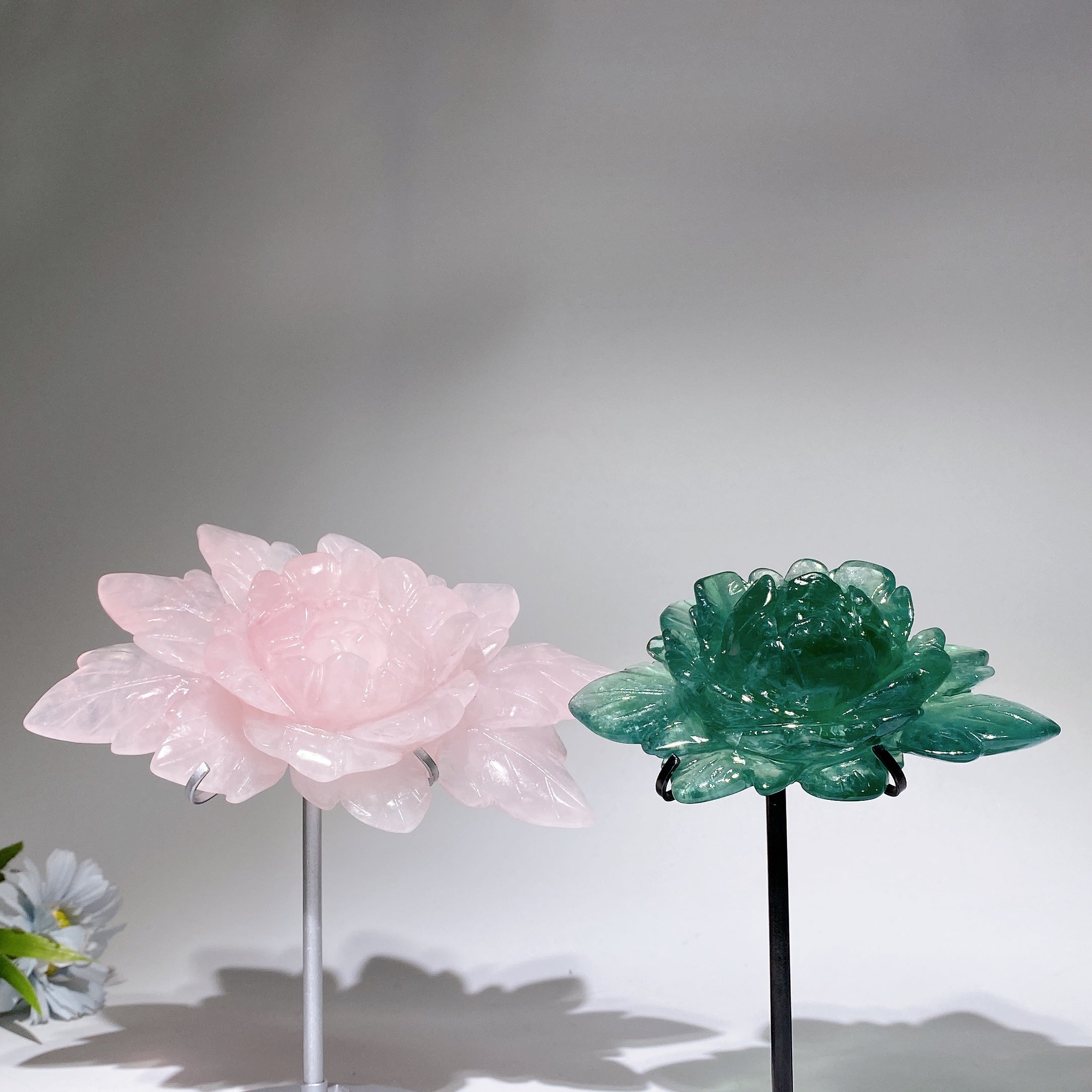 13cm Green Fluorite Peony Crystal Figurine with Stand
