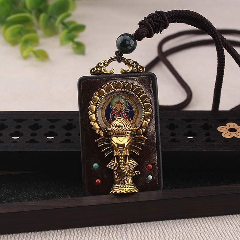 Ebony Wood Elephant Necklace with God of Fortune Pendant