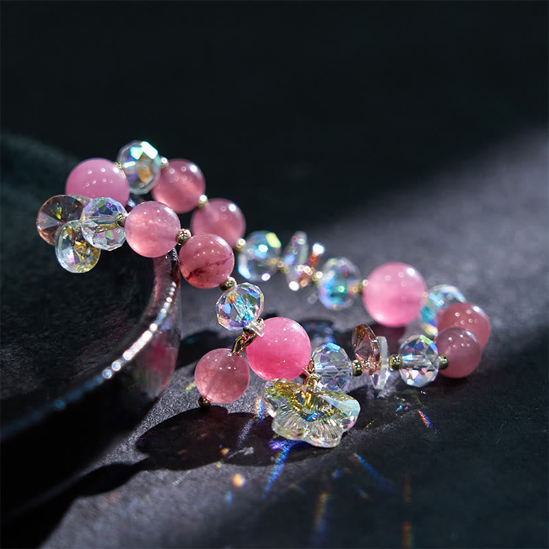 14–16 cm Erdbeerquarz-Liebesarmband mit rosa und weißen Kristallen