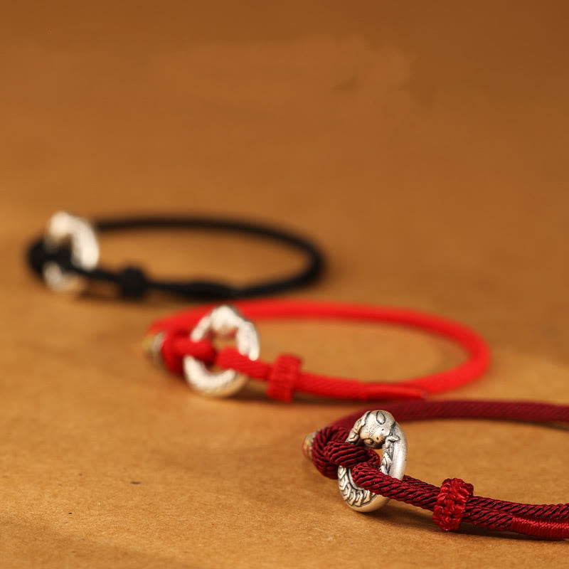 14–17 cm dunkelrote Schnur, 999 Sterlingsilber, Peace-Schnalle, Stärke-Armband