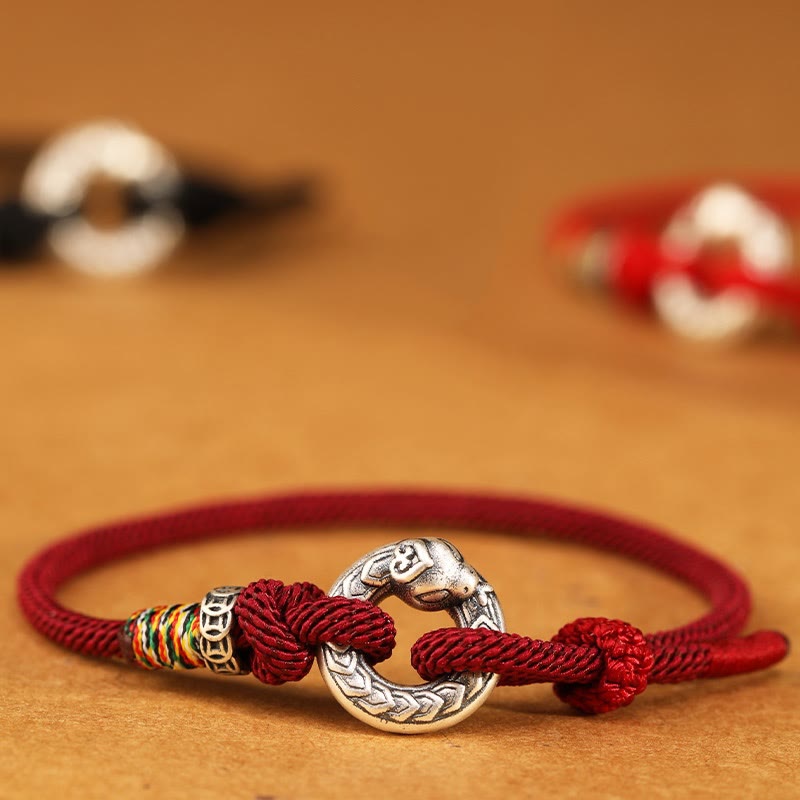 14–17 cm dunkelrote Schnur, 999 Sterlingsilber, Peace-Schnalle, Stärke-Armband
