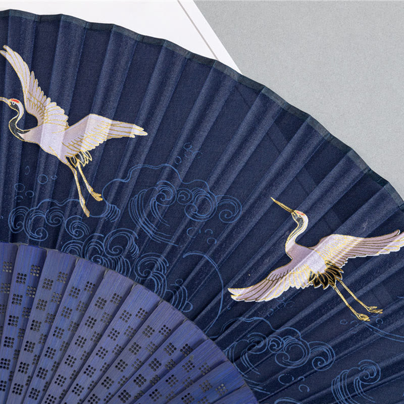 Silk Bamboo Chinese Folding Fan 22.5cm with Crane Dragonfly Motifs