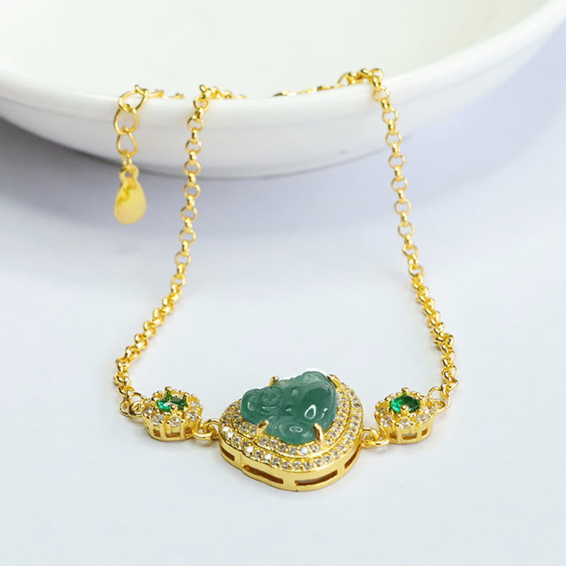 14 cm großes Glücksarmband aus grüner Jade mit lachendem Buddha und Zirkonia