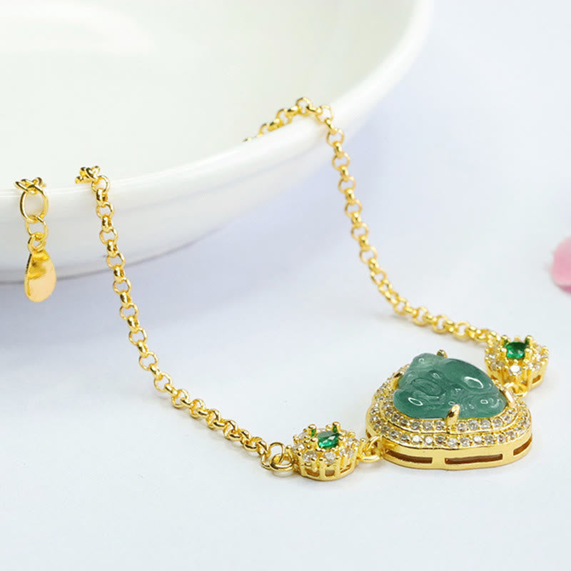 14 cm großes Glücksarmband aus grüner Jade mit lachendem Buddha und Zirkonia