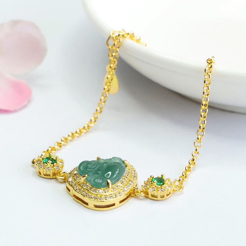 14 cm großes Glücksarmband aus grüner Jade mit lachendem Buddha und Zirkonia