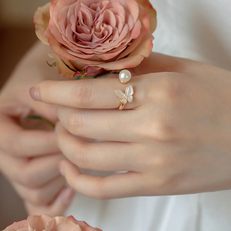 14 Karat Gold Perle Tridacna Schmetterling Schmuckset - Ring Halskette Ohrringe