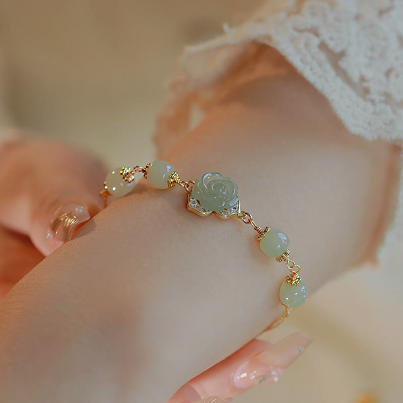 14 Karat vergoldetes Hetian-Jade-Rosenblumen-Glücksarmband