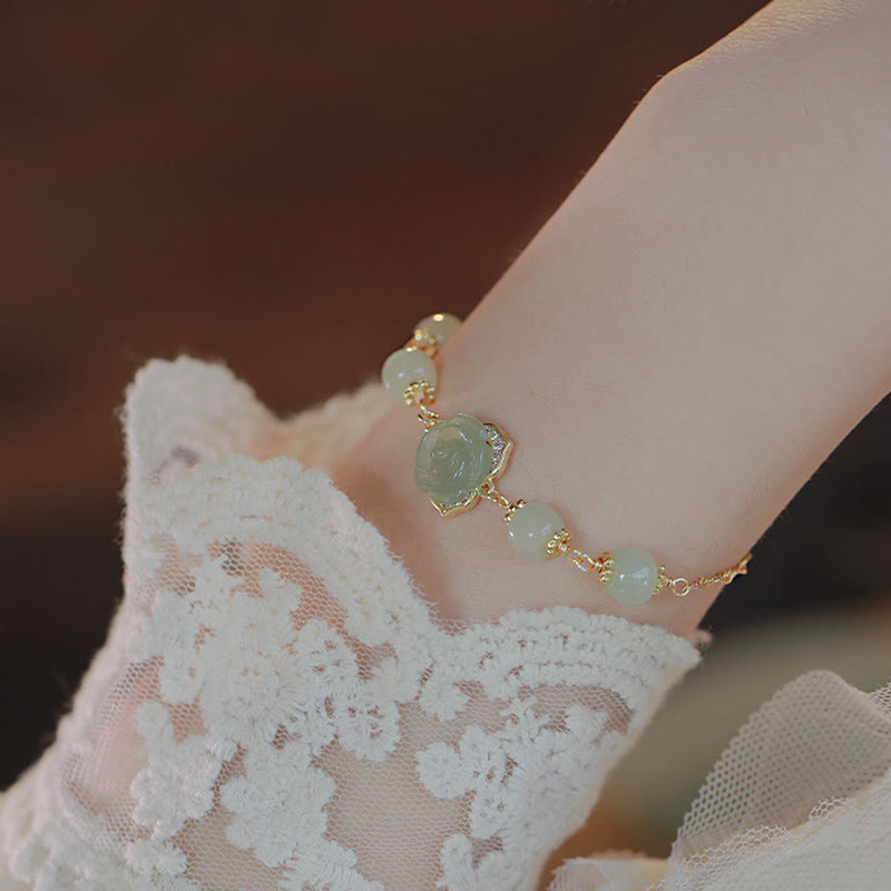 14 Karat vergoldetes Hetian-Jade-Rosenblumen-Glücksarmband