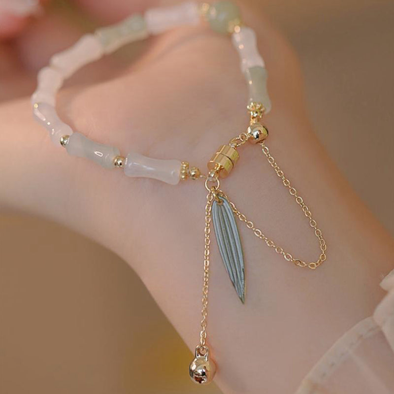 14 Karat vergoldetes Hetian-Weiß-Jade-Bambusblatt-Schutzarmband