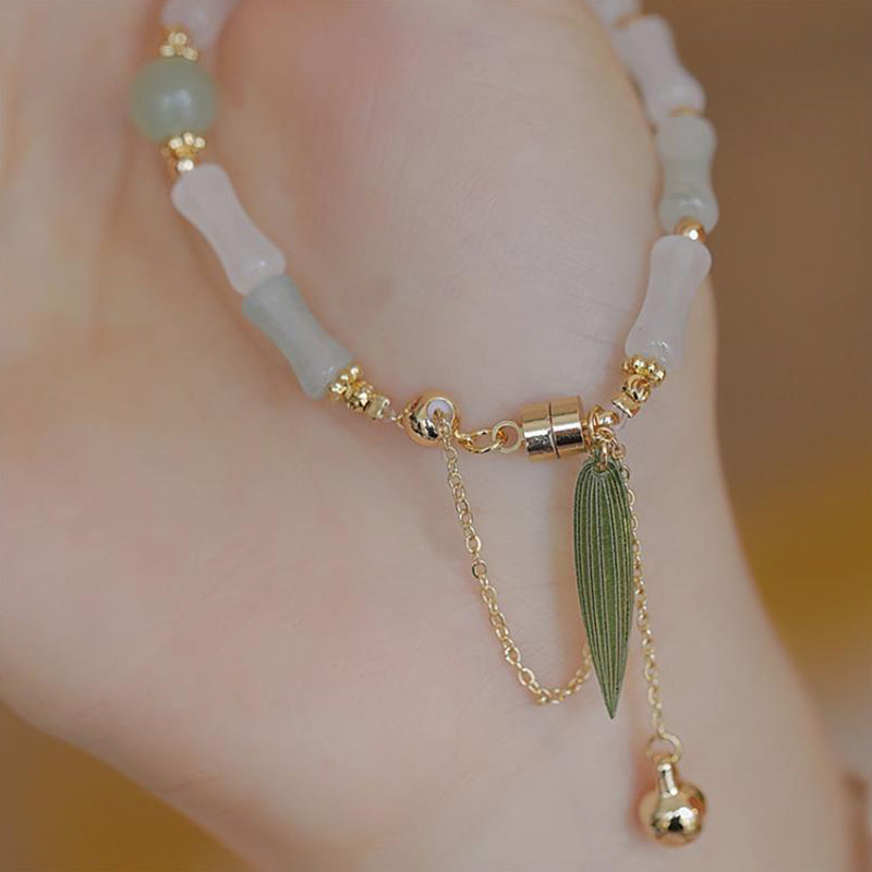 14 Karat vergoldetes Hetian-Weiß-Jade-Bambusblatt-Schutzarmband