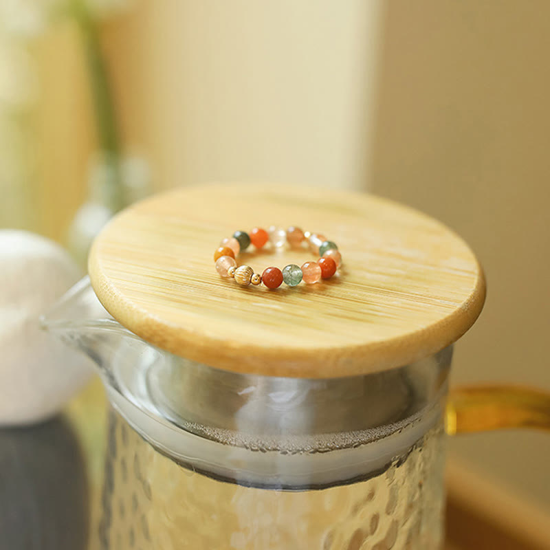 14 Karat vergoldeter Pfirsichmondstein-Fu-Lu-Shou-Ring für Glück