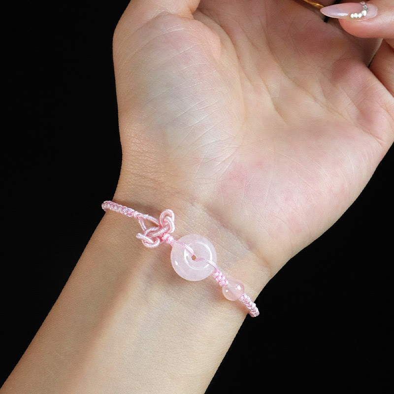 14 mm Rosenquarz-Armband mit positivem Glückssymbol und Peace-Schnalle