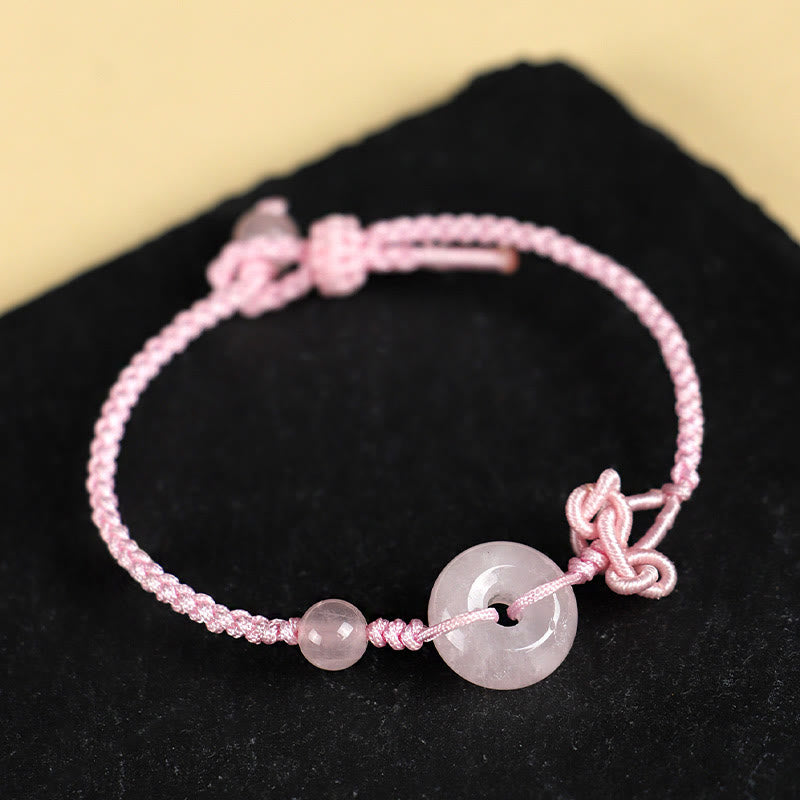 14 mm Rosenquarz-Armband mit positivem Glückssymbol und Peace-Schnalle