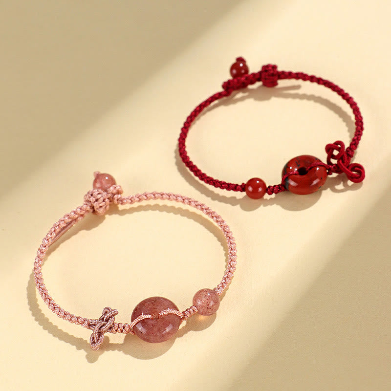 14 mm Rosenquarz-Armband mit positivem Glückssymbol und Peace-Schnalle