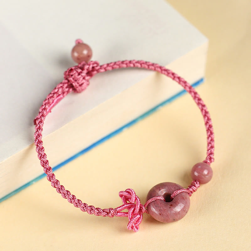 14 mm Rosenquarz-Armband mit positivem Glückssymbol und Peace-Schnalle
