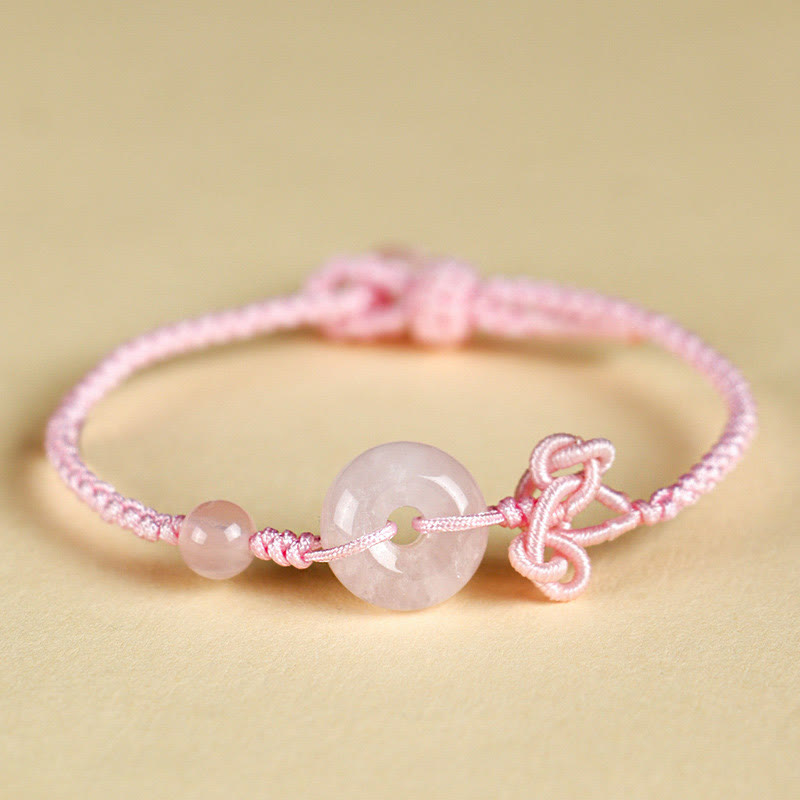 14 mm Rosenquarz-Armband mit positivem Glückssymbol und Peace-Schnalle