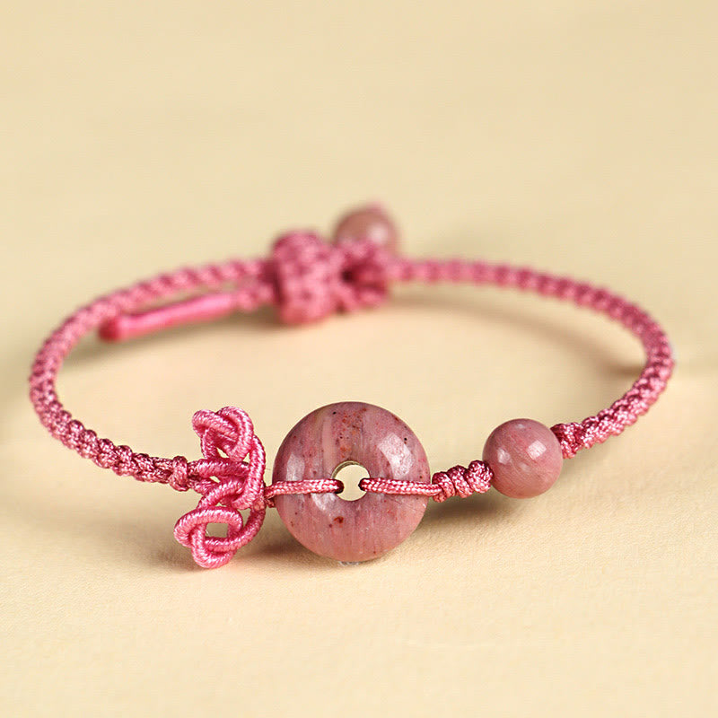 14 mm Rosenquarz-Armband mit positivem Glückssymbol und Peace-Schnalle