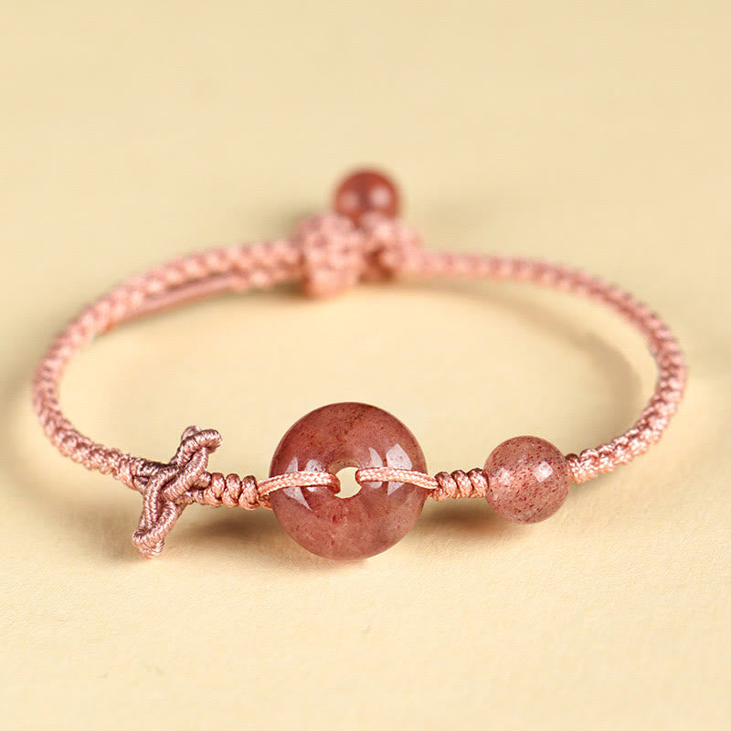 14 mm Rosenquarz-Armband mit positivem Glückssymbol und Peace-Schnalle