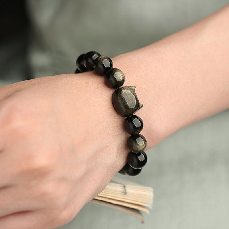Gold Sheen Obsidian Bracelet with Lucky Cat Paw Charm for Protection