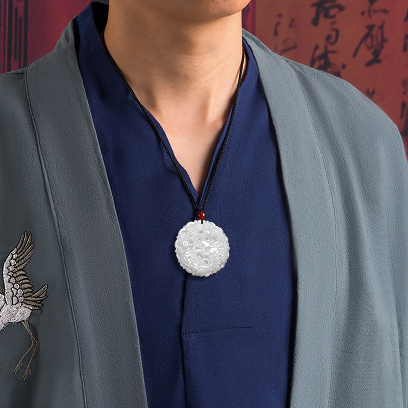 White Jade Dragon Necklace 49mm Protection Pendant