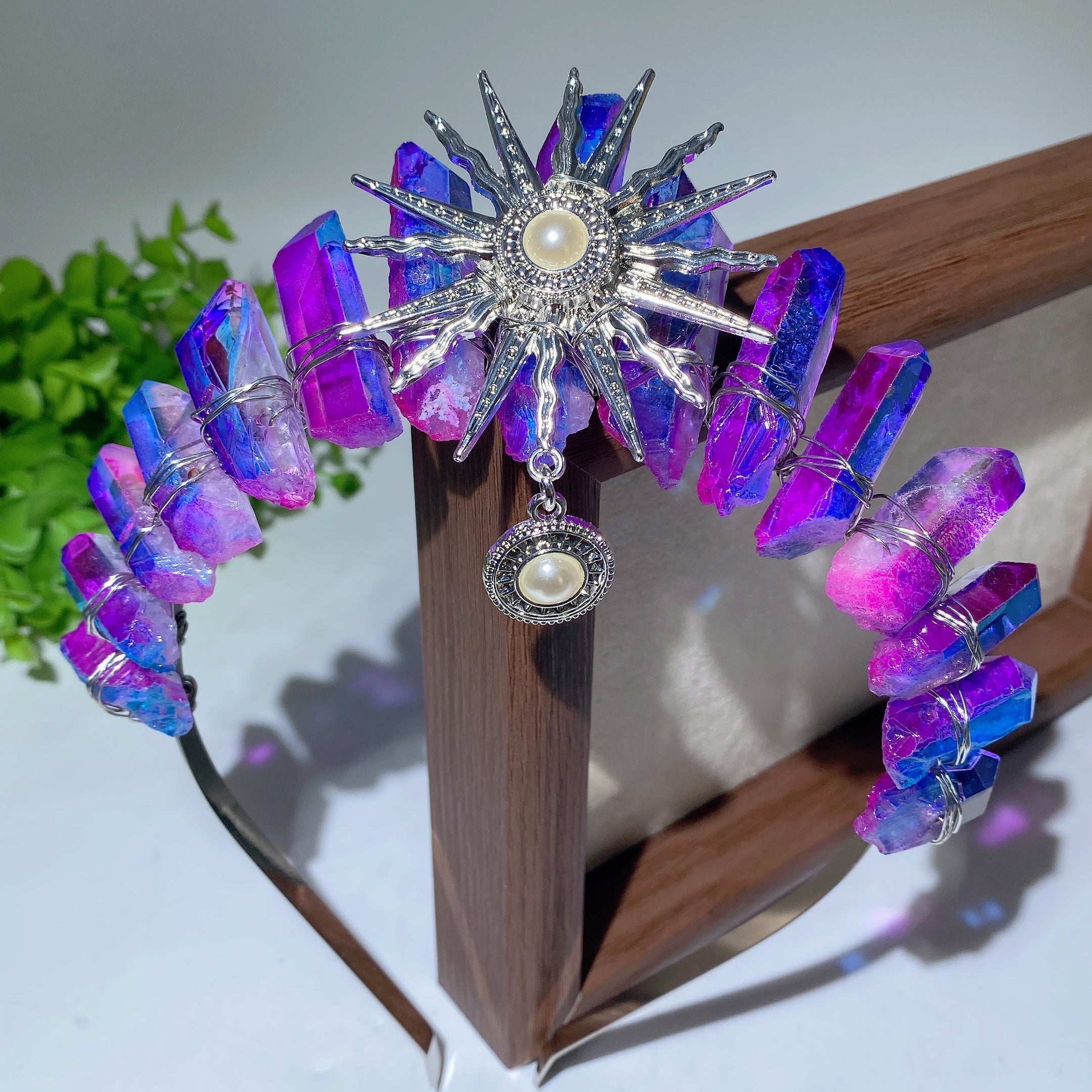 15cm Mixed Aura Crystal Healing Crown with Pearl Sun