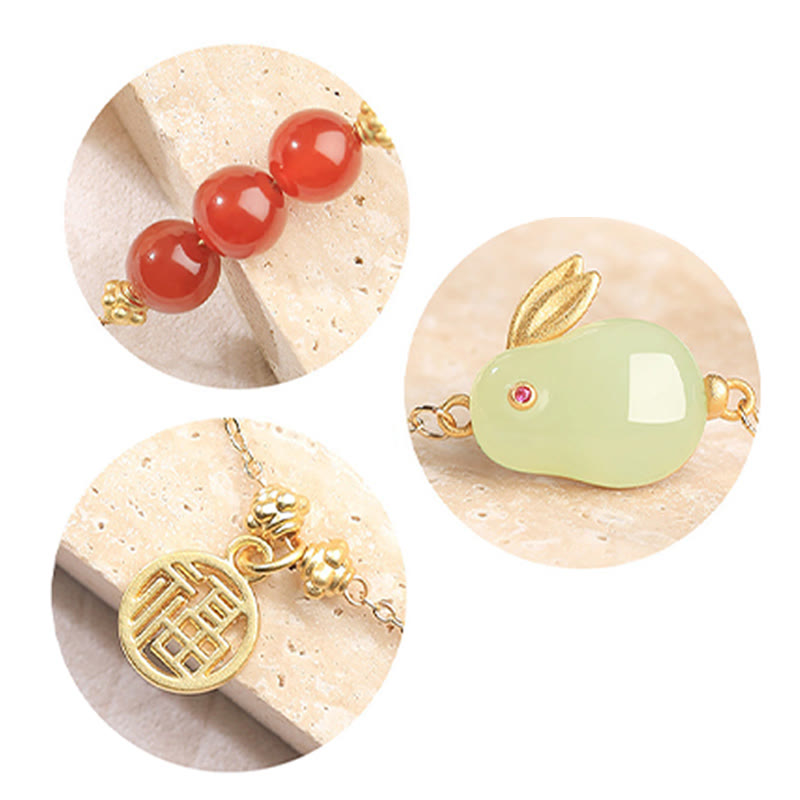 15 cm großes Armband mit Glücksschnalle aus rotem Achat und Jade mit Kaninchenmotiv