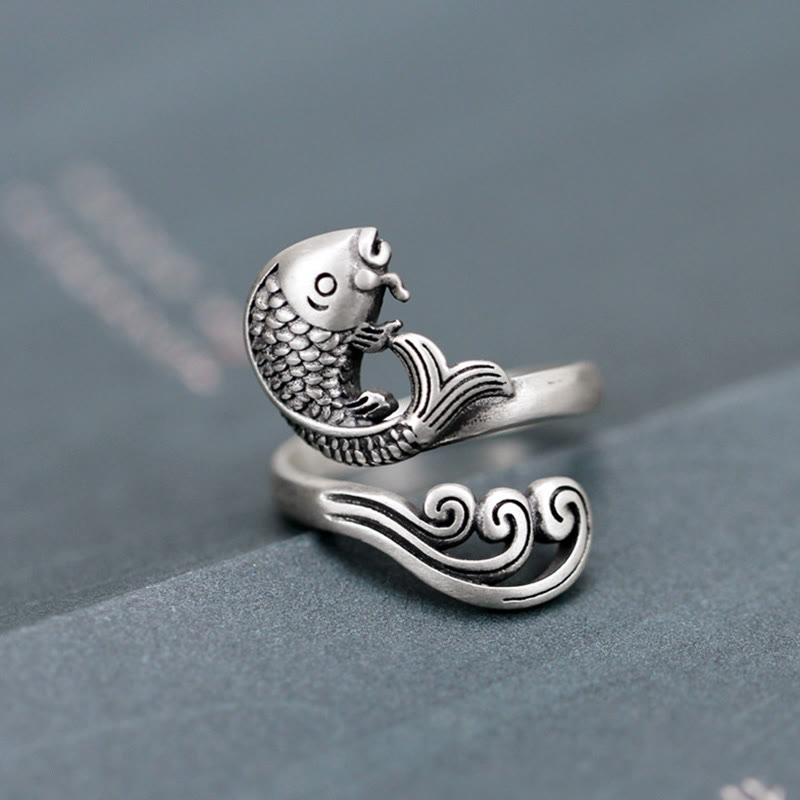 Adjustable 925 Sterling Silver Koi Fish Luck Prosperity Ring