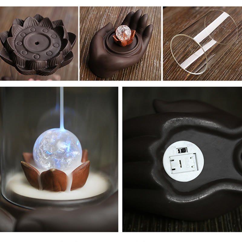 Lila Ton Buddha Hand Lotus Erleuchtung LED Licht Weihrauch Brenner