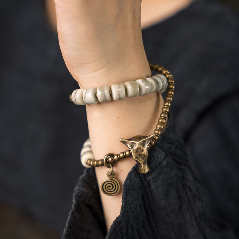 16–17,5 cm Yak-Knochen-Kupfer-Doppelwickelarmband, spirituelles Gleichgewicht
