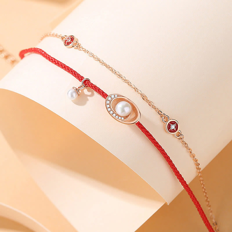 Sterling Silver Pearl Copper Coins Necklace & Red Rope Bracelet Set