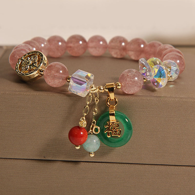 8mm Strawberry Quartz Jade Fu Character Healing Bracelet