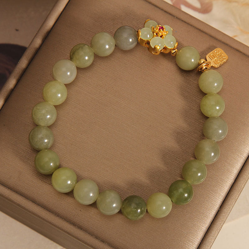 14–16 cm großes Glücksarmband mit grüner Jadeblume und Fu-Charakter