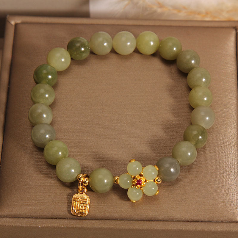 14–16 cm großes Glücksarmband mit grüner Jadeblume und Fu-Charakter