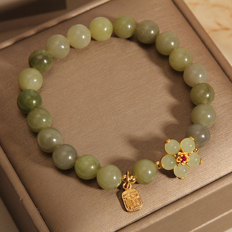 14–16 cm großes Glücksarmband mit grüner Jadeblume und Fu-Charakter