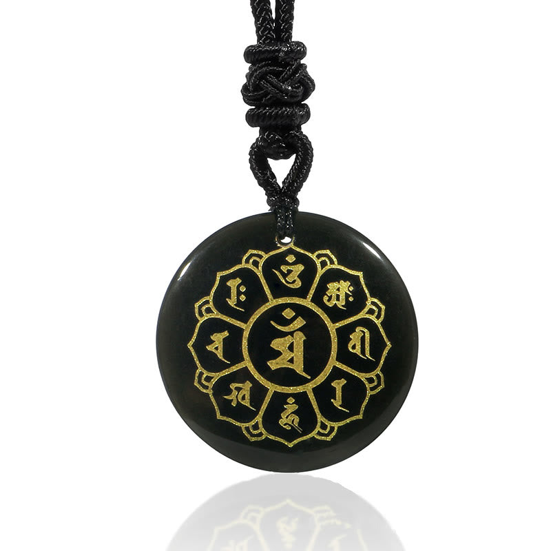 Om Mani Padme Hum Halskette | Schwarzer Obsidian Kraftanhänger