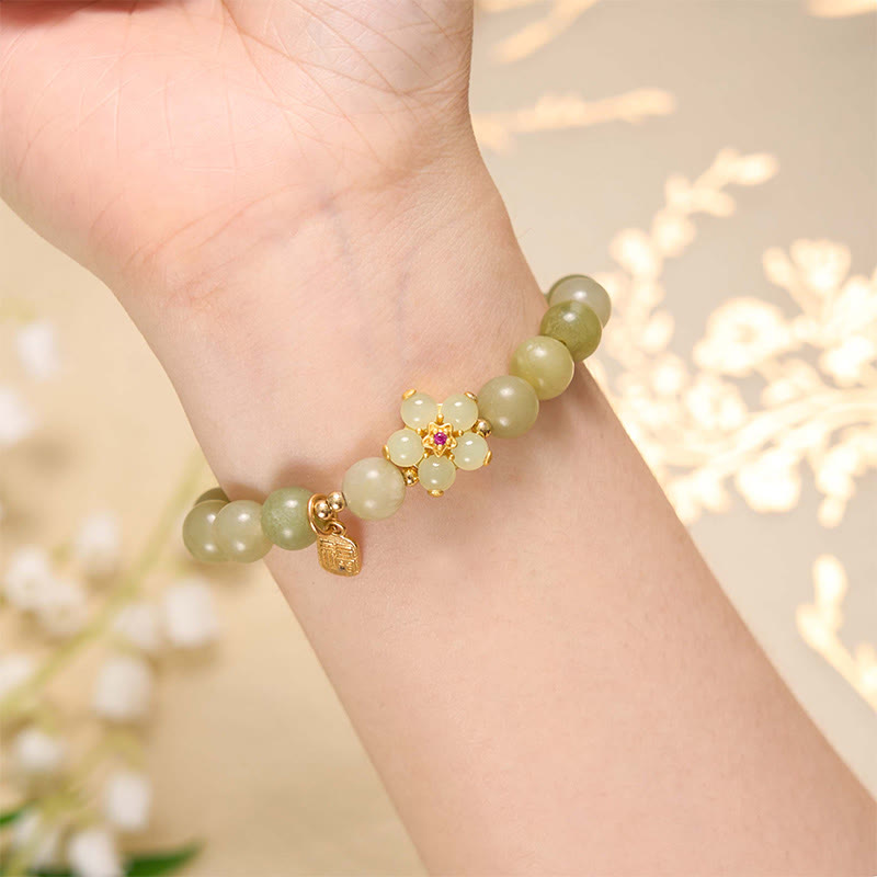 14–16 cm großes Glücksarmband mit grüner Jadeblume und Fu-Charakter