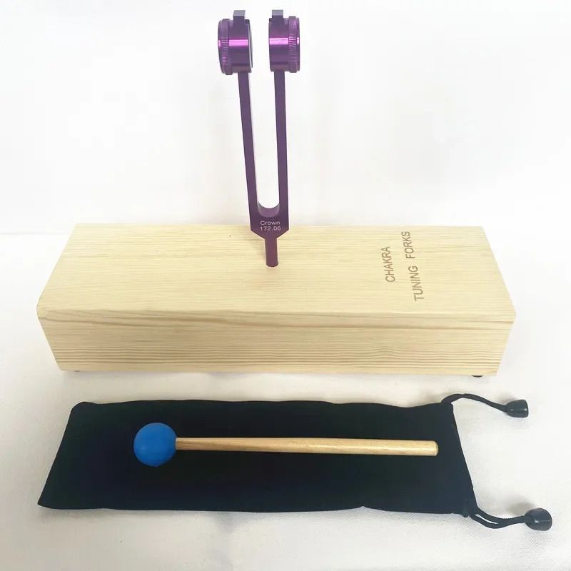 Purple Chakra Crown Tuning Fork 172.06 Hz with wooden base and blue mallet